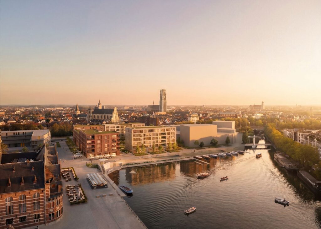 Luchtfoto van het Keerdok en de Dijle met de Sint-Romboutstoren op de achtergrond